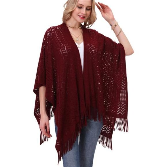 Knit Shawl Wrap - Fringe Poncho Cardigan Cape Burgundy - Picture 1 of 6